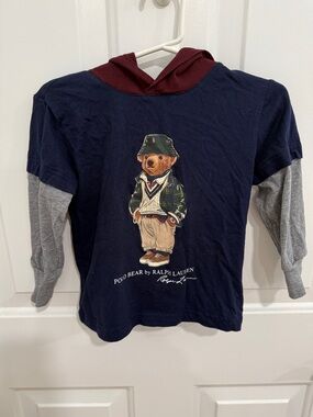 Ralph Lauren Navy, Gray & Burgundy Polo Bear Hooded Kids Top
